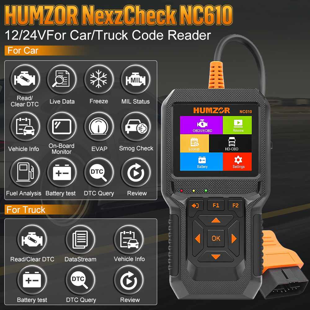 Humzor nc610 12v / 24v xe tải ô tô đầu đọc mã obd2 động cơ j1939 cho ô tô xăng ô tô máy quét ô tô cho xe tải công cụ tự động chẩn đoán diesel odb2 pk nc601