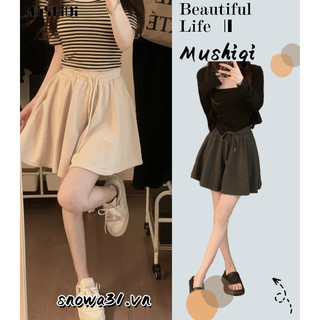 Quần short nữ MUSHIQI dáng rộng eo thun cạp cao thường ngày
