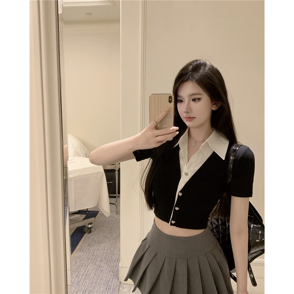 Thiết kế mới sense pure lust style veel knit top women's short slim sexy short-sleeved shirt