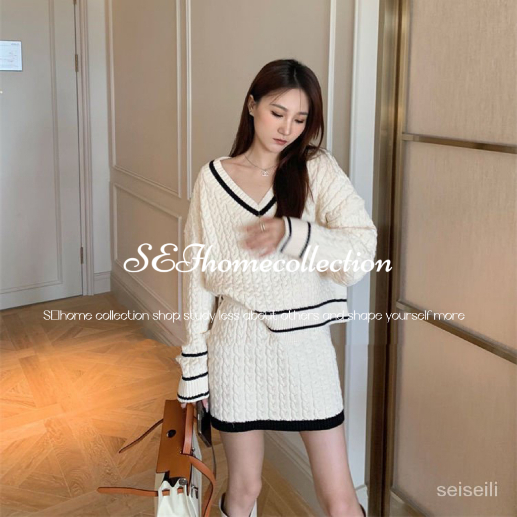 Áo Sweater Dệt Kim Ngắn Cổ Chữ v Màu Tương Phản Phong Cách Preppy Thời Trang Thu Đông Mới Cho Nữ