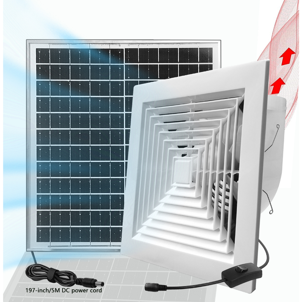 Bảng điều khiển năng lượng mặt trời 20w-pvc quạt hút ống xả 8/10/12/14 inch quạt thông gió quạt nhà bếp quạt phòng tắm, ống xả, thích hợp cho phòng nắng, phòng kính, nhà kính, ống xả trần nhà để xe ngầm