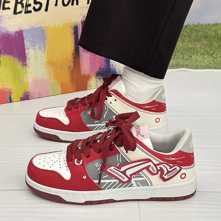 Giày thể thao HUIZUMEI họa tiết màu đỏ rượu vang graffiti phong cách retro thời trang cặp đôi