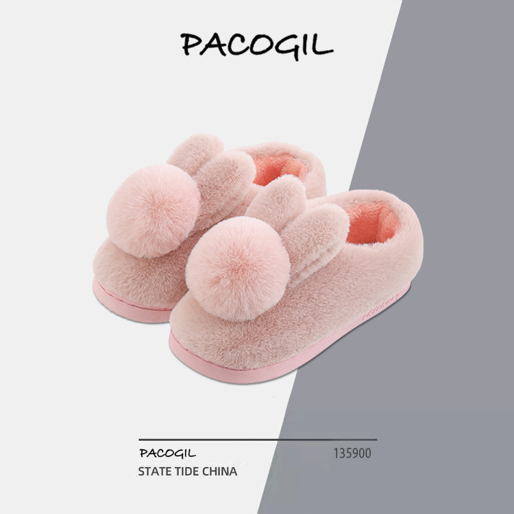 Bag heel cotton slippers nữ winter three-dimensional rabbit fur male couple anti-slip thick-so