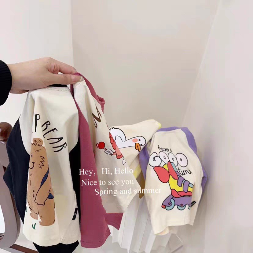 2023 phiên bản Hàn Quốc của áo thun dài tay in hình hoạt hình giản dị dễ thương mới dành cho trẻ em mùa thu