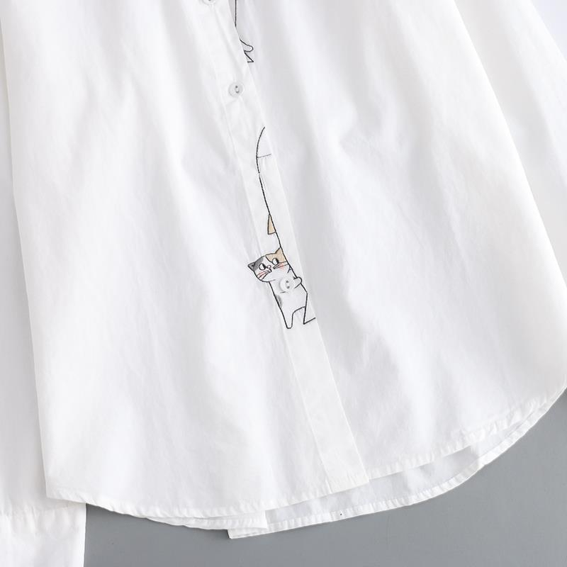 Áo Sơ Mi Tay Dài Vải Cotton Thêu Hình Mèo Thời Trang Xuân Thu Cho Nữ
