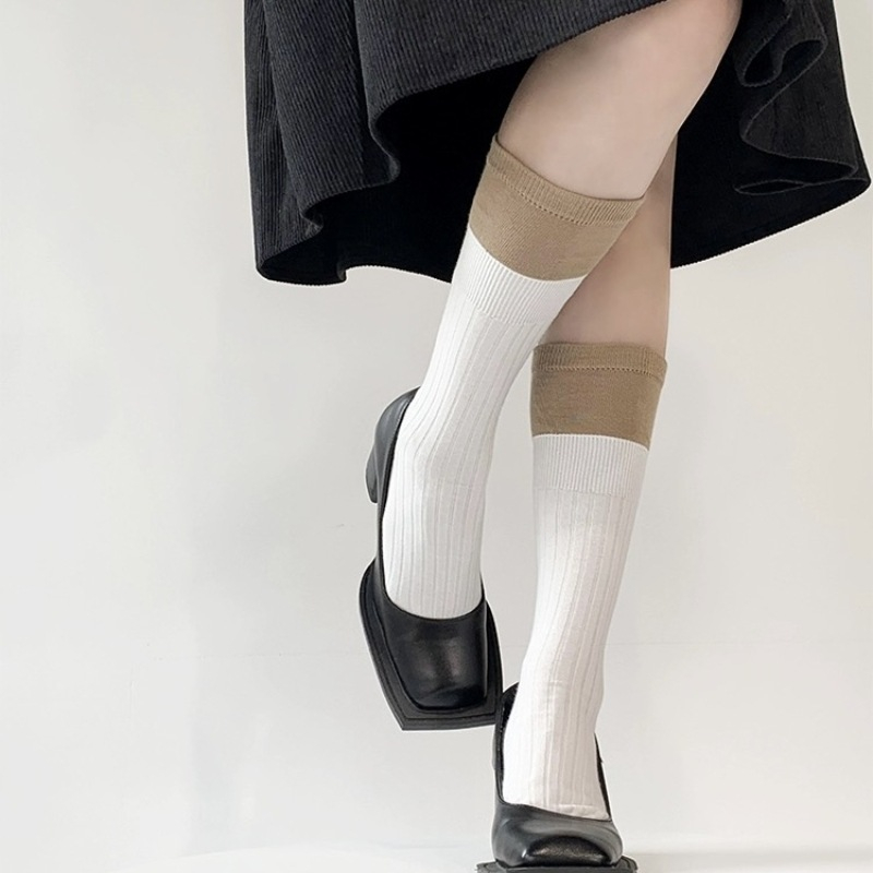 Korea dongdaemun design feeling pile socks women two-color stitching fake two-piece niche ins catwalk style pure cotton socks