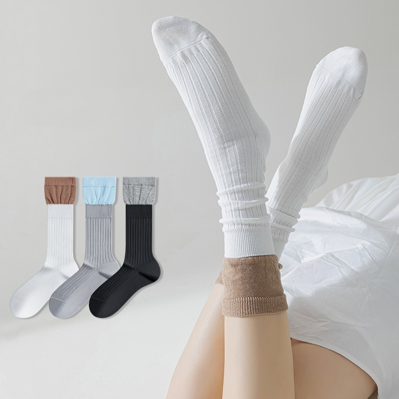 Korea dongdaemun design feeling pile socks women two-color stitching fake two-piece niche ins catwalk style pure cotton socks