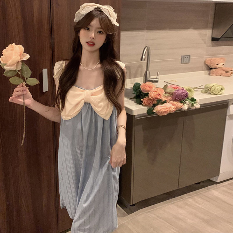 Đầm Ngủ Hai Dây Phối Bèo Đính Nơ To Dễ Thương Thời Trang Mùa Hè Cho Bạn Gái