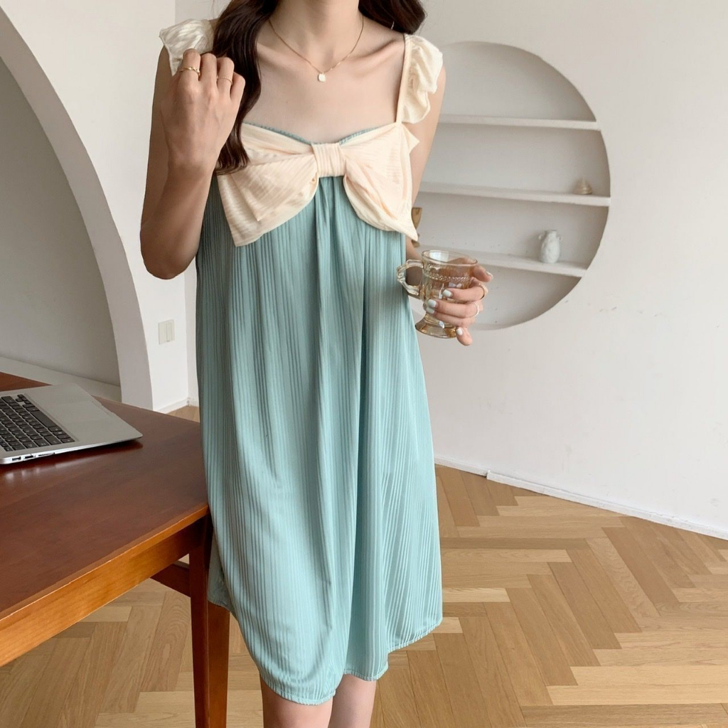 Đầm Ngủ Hai Dây Phối Bèo Đính Nơ To Dễ Thương Thời Trang Mùa Hè Cho Bạn Gái