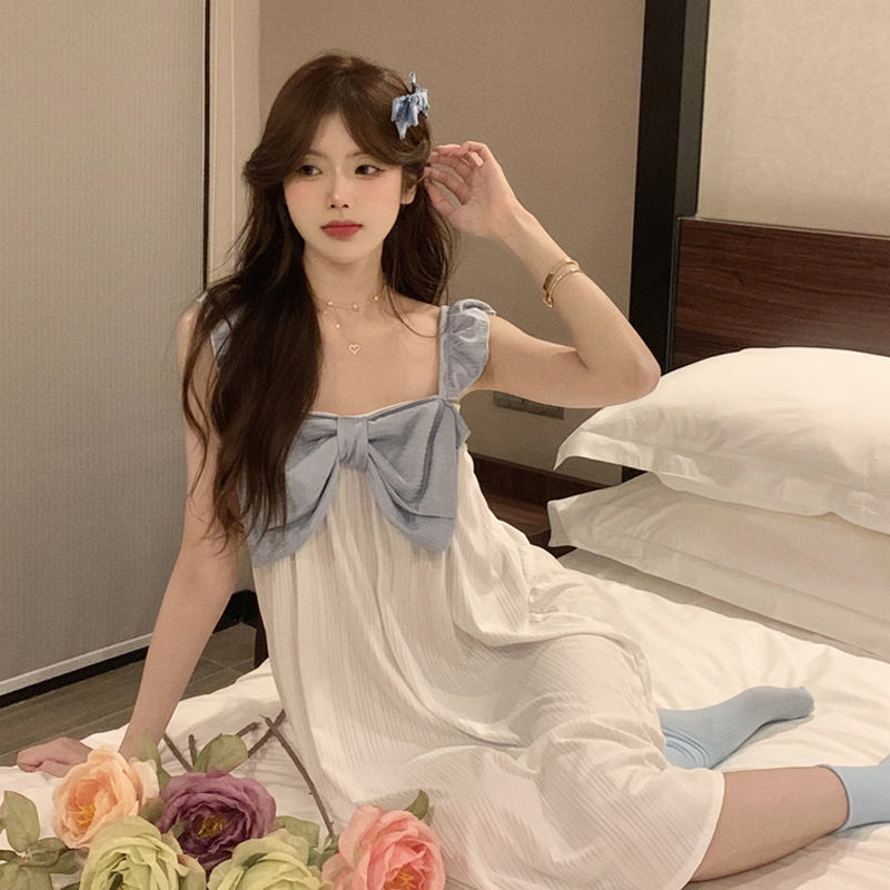 Đầm Ngủ Hai Dây Phối Bèo Đính Nơ To Dễ Thương Thời Trang Mùa Hè Cho Bạn Gái