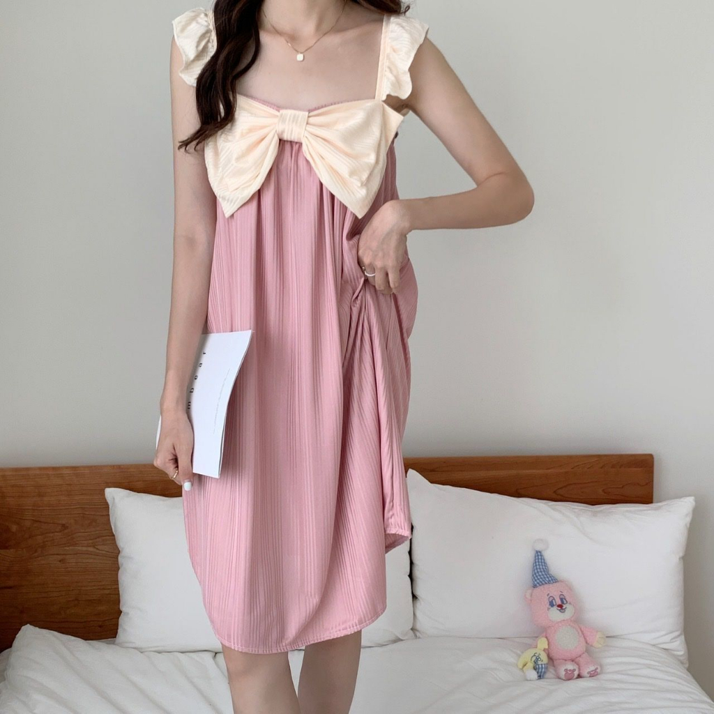 Đầm Ngủ Hai Dây Phối Bèo Đính Nơ To Dễ Thương Thời Trang Mùa Hè Cho Bạn Gái