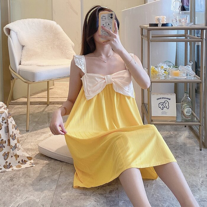 Đầm Ngủ Hai Dây Phối Bèo Đính Nơ To Dễ Thương Thời Trang Mùa Hè Cho Bạn Gái