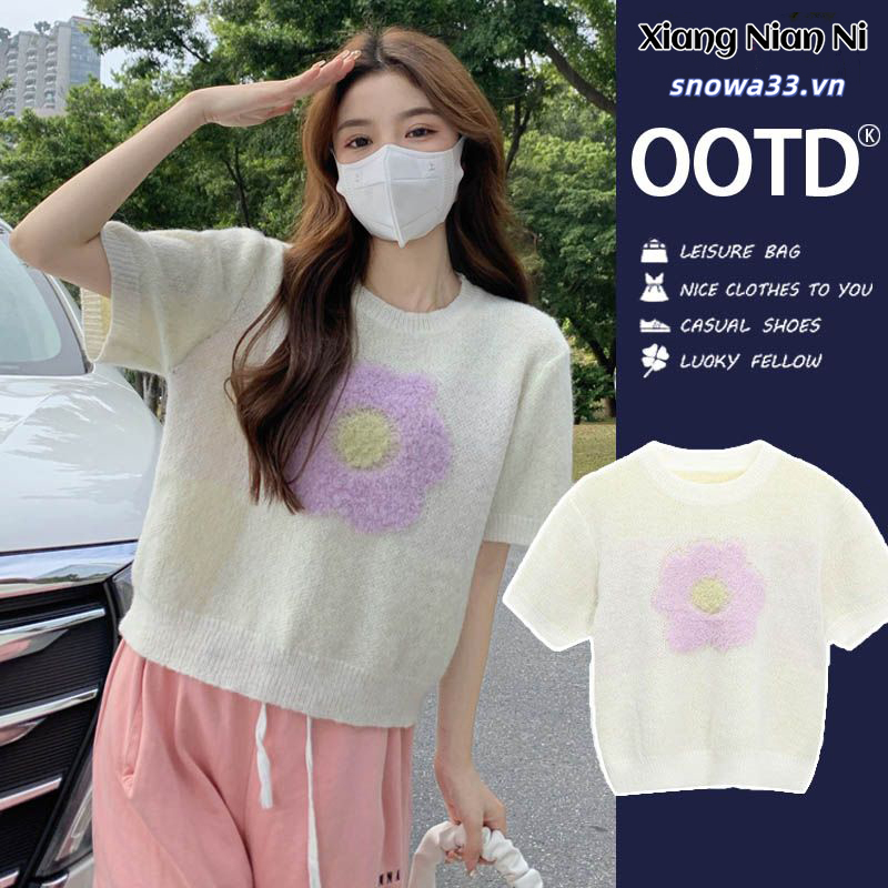 Áo thun XIANG NIAN NI tay ngắn cổ tròn dáng rộng thêu hoa ba chiều phong cách Hàn Quốc thời trang mùa hè dành cho bạn nữ