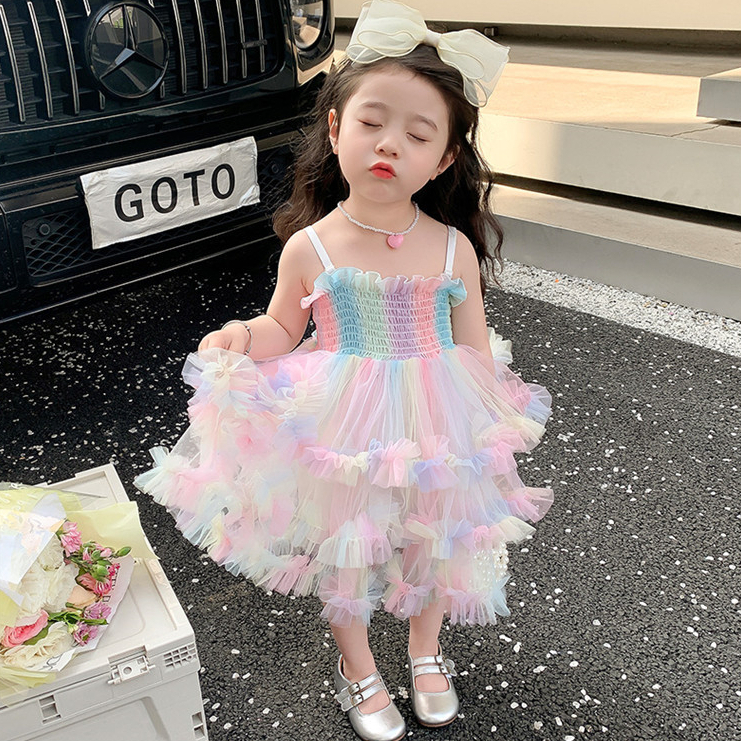 Cô gái mùa hè phong cách mới cầu vồng lưới phong cách phương tây bướm sling bánh váy