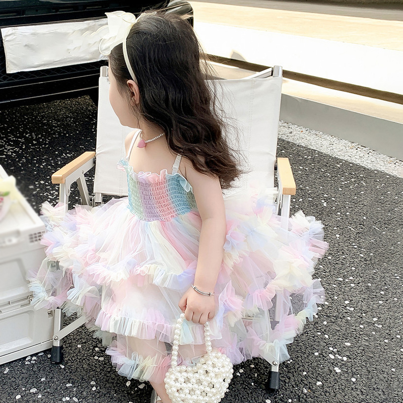 Cô gái mùa hè phong cách mới cầu vồng lưới phong cách phương tây bướm sling bánh váy