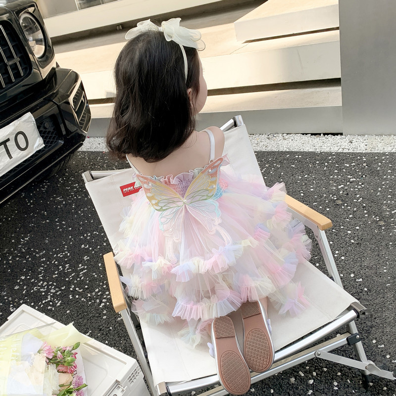 Cô gái mùa hè phong cách mới cầu vồng lưới phong cách phương tây bướm sling bánh váy