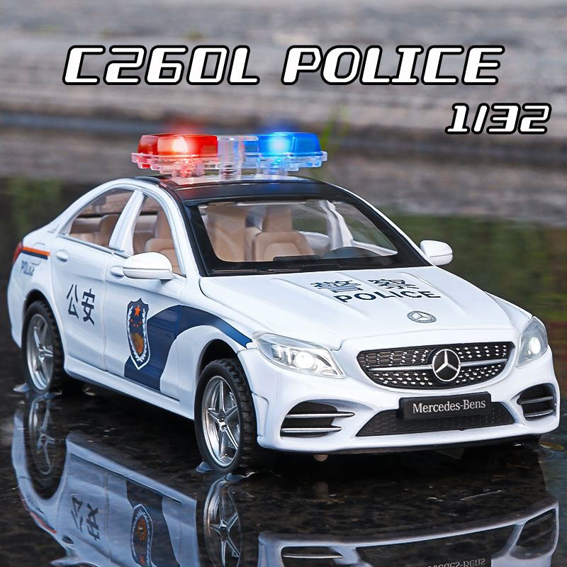 1:32 scale benz c260l police alloy car model diecast car sound light car lovers collection kids birthday gift metal boys toys