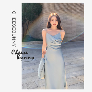 CheeseBunny Đầm tiểu thư maxi lụa satin cổ đổ xẻ tà sexy dự tiệc quyến rũ