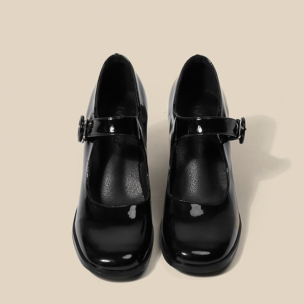 Hong Kong Premium shoes❥Giày Cao Gót Mũi Vuông Màu Đen Cài Nút Phong Cách Thời Trang Retro Anh Quốc Dành Cho Nữ