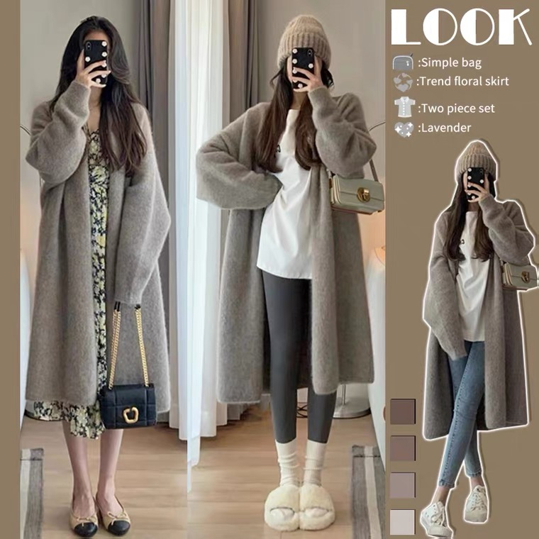 Thu đông maternity wear phiên bản hàn quốc áo khoác len dài rộng rãi mid-length outing maternity jacket phong cách lười thả shoul