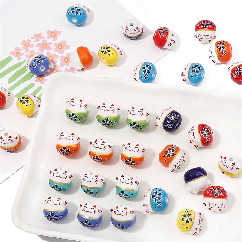 In lucky cat fortune rolling kitty good luck phụ kiện lỗ dọc hạt gốm tự làm phụ kiện mặt dây chuyền