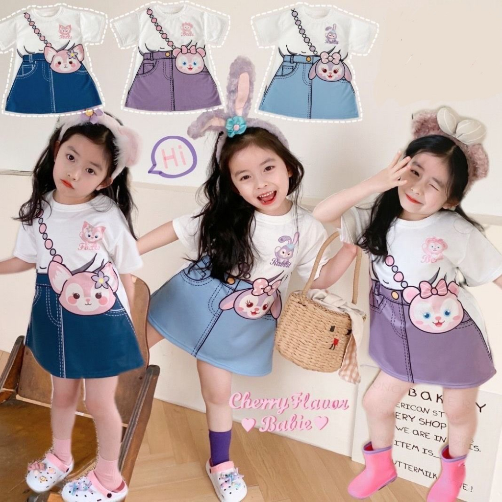Mới Đầm Thun Giả Hai Mảnh In Hình Thỏ stella lou Dễ Thương Thời Trang Mùa Hè Cho Bé Gái