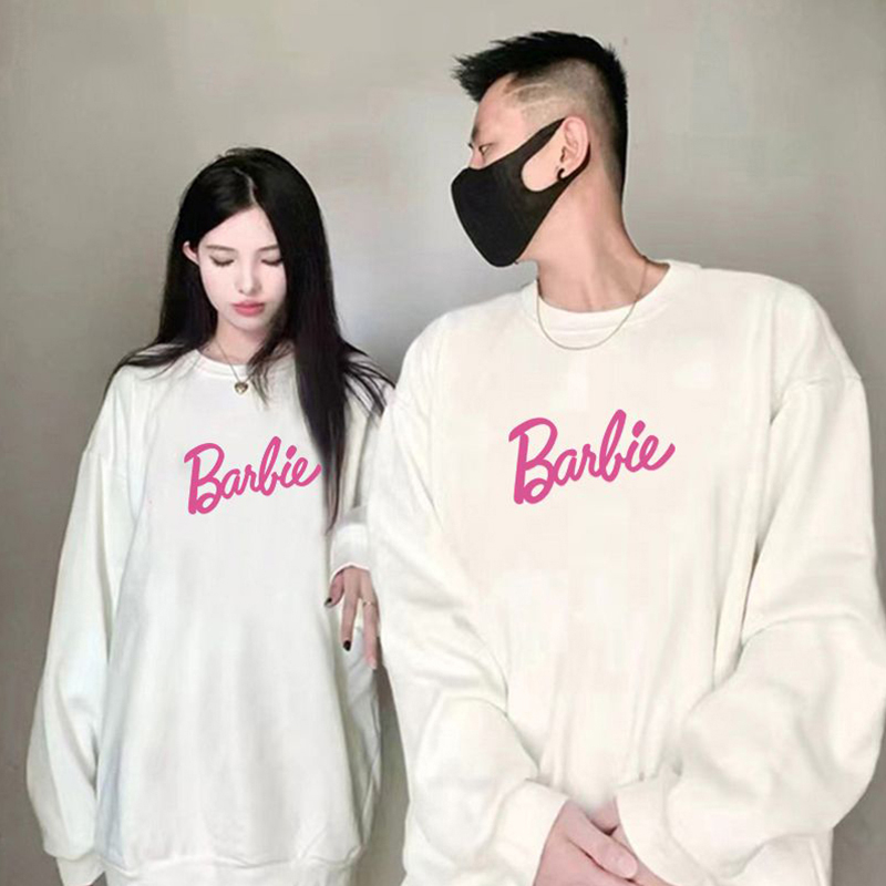 Ihkke 100% cotton trắng cổ tròn unisex "barbie powder" áo len nữ thời trang