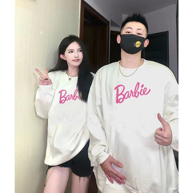 Ihkke 100% cotton trắng cổ tròn unisex "barbie powder" áo len nữ thời trang