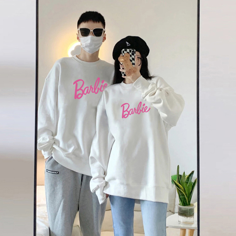 Ihkke 100% cotton trắng cổ tròn unisex "barbie powder" áo len nữ thời trang