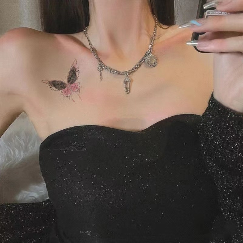 Cánh màu hồng hình bướm hình xăm cô gái sexy cánh tay xương đòn hình xăm không thấm nước hình xăm dán kéo dài 7 ngày hình xăm giả tạm thời