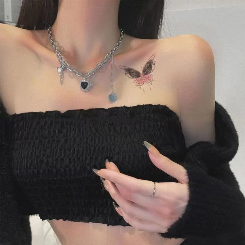 Cánh màu hồng hình bướm hình xăm cô gái sexy cánh tay xương đòn hình xăm không thấm nước hình xăm dán kéo dài 7 ngày hình xăm giả tạm thời
