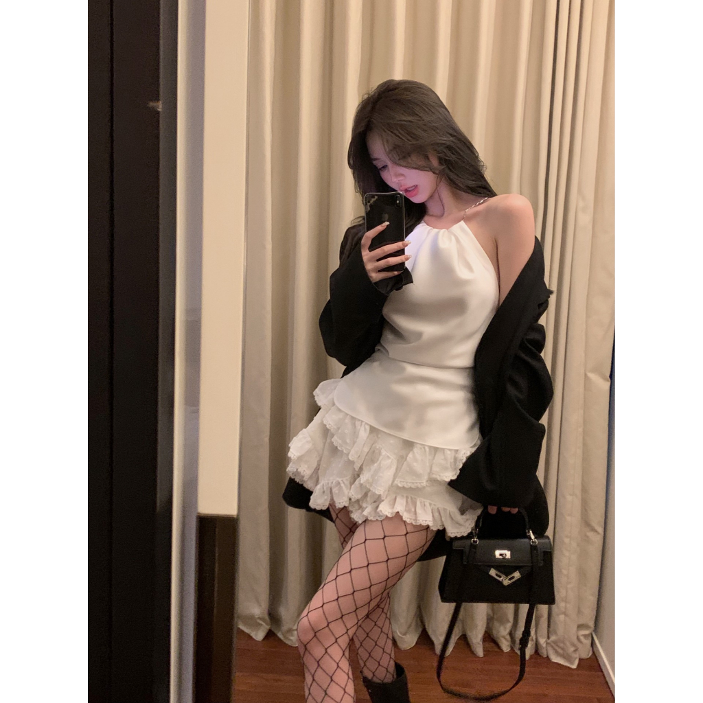 【COLORBLLIND】Chuỗi halterneck voan top + váy ren bộ đồ váy ngắn