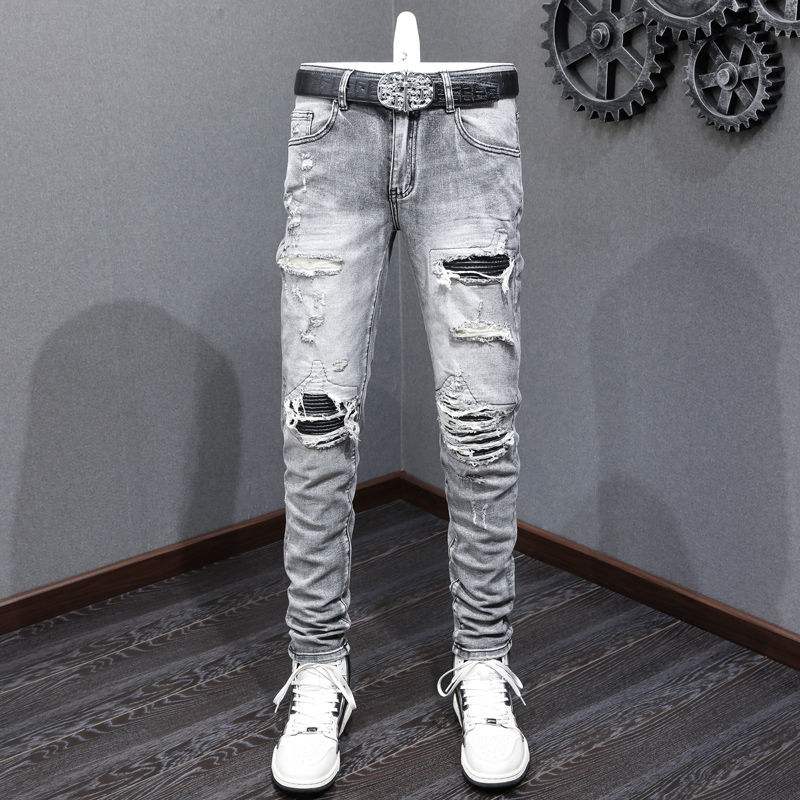 Amiri High Street Fashion Men Jeans Vintage Smoke Grey Tight Leather Patch Elastic Casual Trend Men Jeans