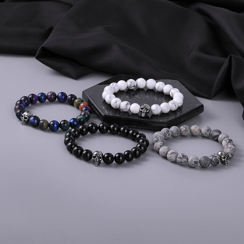 Bản đồ phong cách mới vòng tay đá mã não tối đính cườm của nam giới vòng tay bằng thép titan vòng tay đầu lâu bé trai cô gái trang sức vòng tay hip-hop