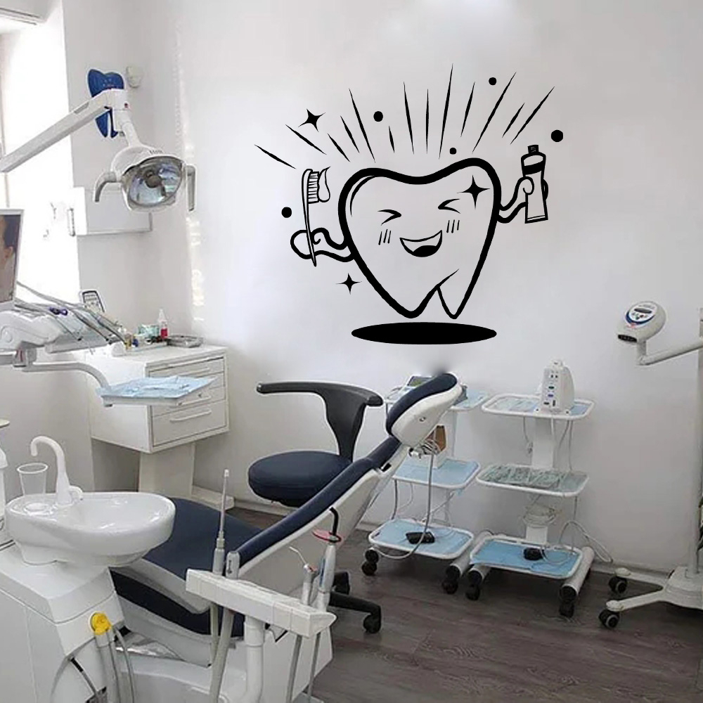 Trang trí cửa hàng nha khoa, trang trí răng, dán tường và trang trí bệnh viện rất thẩm mỹ.