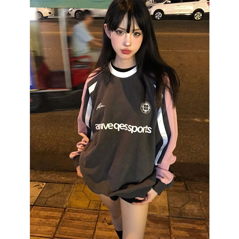 Áo sweater cổ tròn dáng rộng mỏng phối sọc ở vai/ ghép nối màu sắc thời trang mùa thu kiểu Mỹ