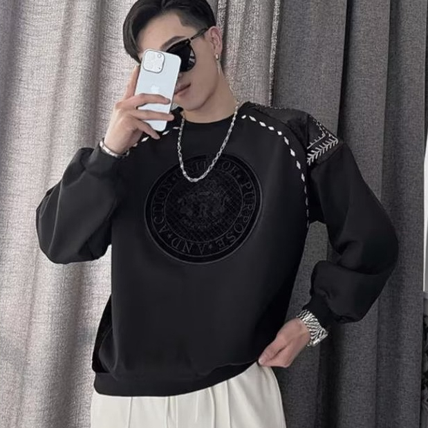 Áo sweater cổ tròn nam dáng rộng fashion cotton simple unisex phong cách Hồng Kông thời trang thu đông cho cặp đôi
