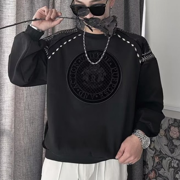 Áo sweater cổ tròn nam dáng rộng fashion cotton simple unisex phong cách Hồng Kông thời trang thu đông cho cặp đôi