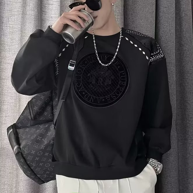 Áo sweater cổ tròn nam dáng rộng fashion cotton simple unisex phong cách Hồng Kông thời trang thu đông cho cặp đôi