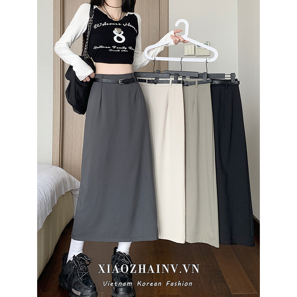 Chân váy dài XIAOZHAINV cạp cao màu trơn xẻ tà retro thời trang mùa thu Hàn Quốc có thắt lưng cho nữ