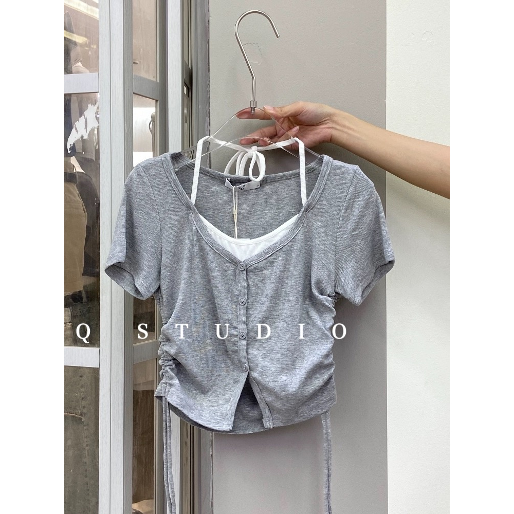🔥có hàng sẵn🔥áo thun rút dây Cái mới Dây Rút Phong Cách Hàn Quốc Cho Nữ ngắn tay-AC0463