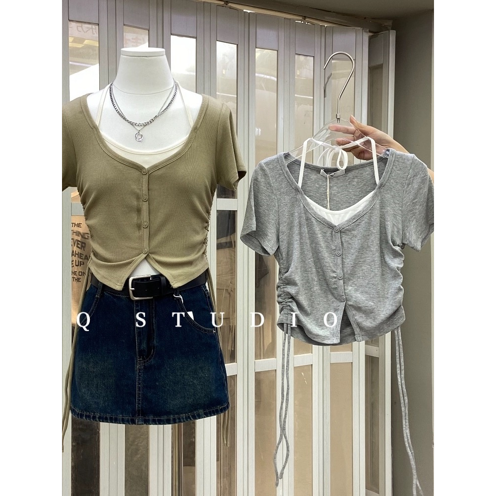 🔥có hàng sẵn🔥áo thun rút dây Cái mới Dây Rút Phong Cách Hàn Quốc Cho Nữ ngắn tay-AC0463