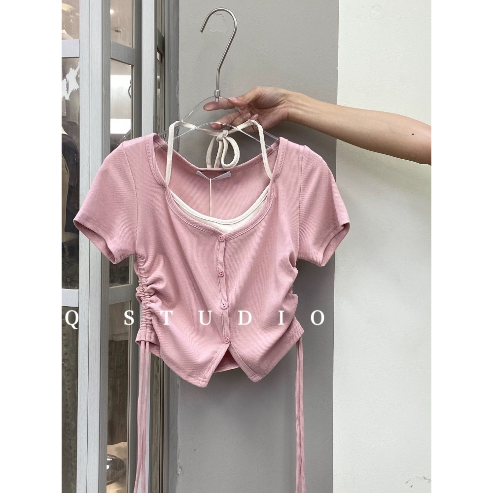 🔥có hàng sẵn🔥áo thun rút dây Cái mới Dây Rút Phong Cách Hàn Quốc Cho Nữ ngắn tay-AC0463
