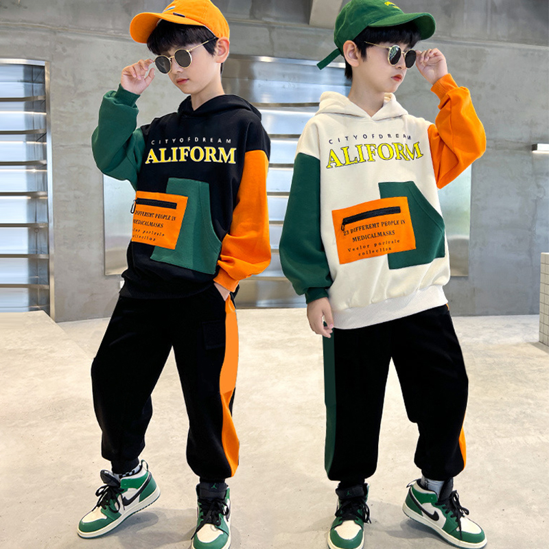 Boys 'spring / autumn handsome hoodie suit trẻ em chữ thời trang có mũ trùm đầu t-shirt + quần 2 mảnh thanh thiếu niên sọc đơn giản bộ thể thao 4-12 tuổi