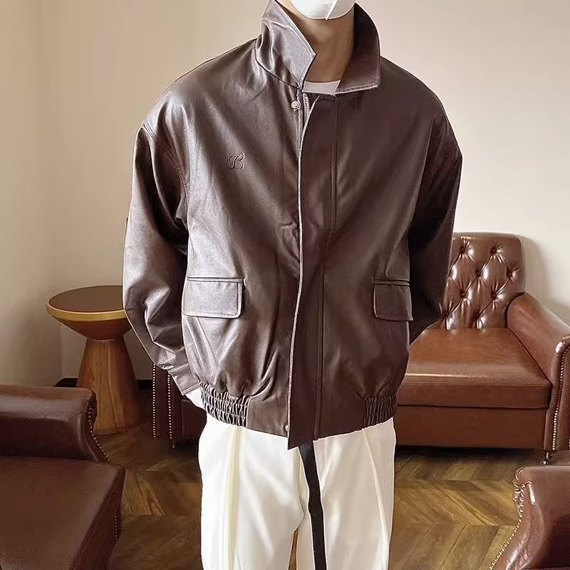 Yazhiniao Áo Khoác Da Dáng Rộng Màu Nâu Phong Cách retro Mỹ