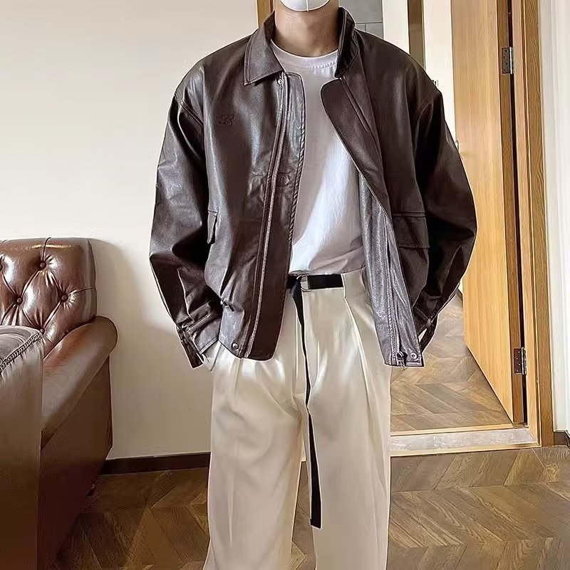 Yazhiniao Áo Khoác Da Dáng Rộng Màu Nâu Phong Cách retro Mỹ