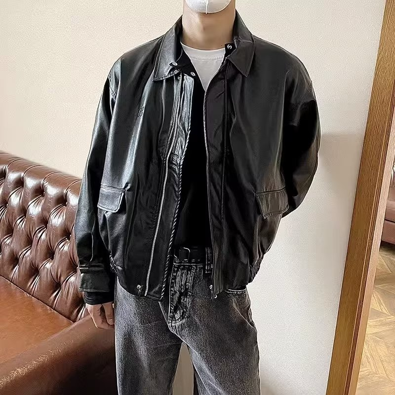 Yazhiniao Áo Khoác Da Dáng Rộng Màu Nâu Phong Cách retro Mỹ