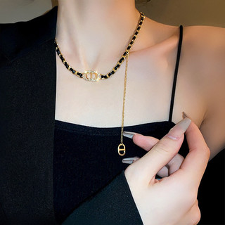 Vòng cổ Da Mặt Chữ y Đính Kim Cương Giả Phong Cách vintage Hàn Quốc Cho Nữ