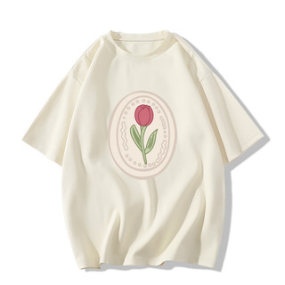 SELVZE Thời trang retro tối giản hoa in áo thun cotton tinh khiết lỏng quá khổ đơn giản ngắn tay hàng đầu