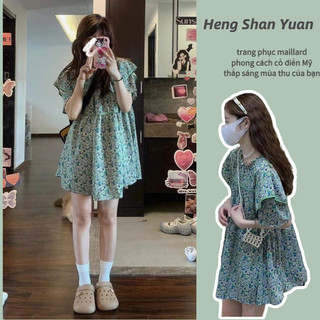 Đầm Búp Bê Ngắn Dáng Rộng Viền Lá Sen In Hoa Nhỏ Màu Xanh Lá Tươi Mới Mùa Hè Cho Nam Và Nữ